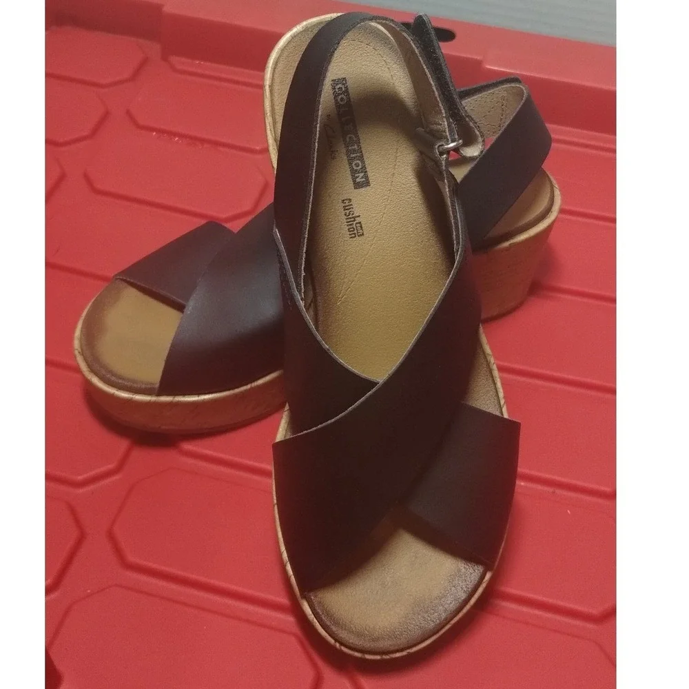Clarks Collection Brown Faux Leather Cork Wedge Slingback Sandals Womens 6.5 M